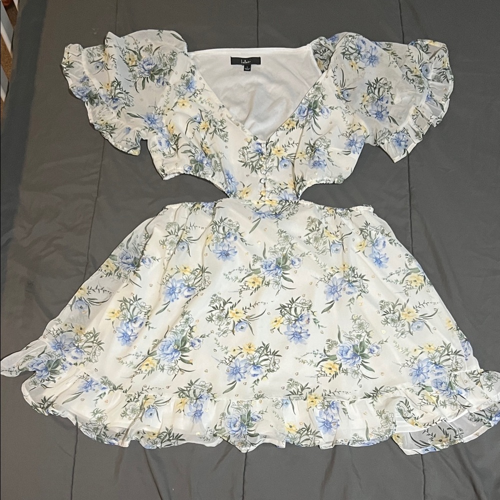 Lulu's Floral Ruffle Mini Dress - White and Blue